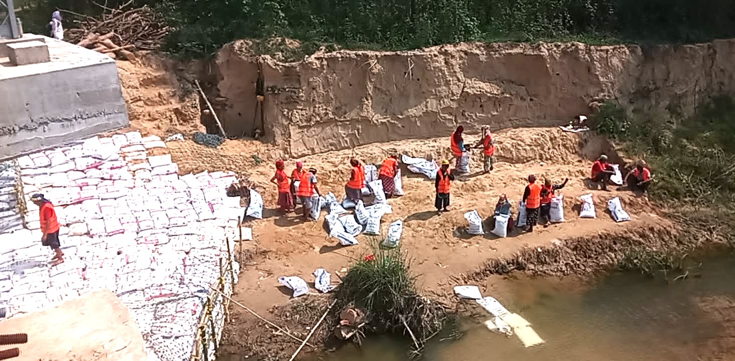 कामका लागि नगद कार्यक्रम अन्तर्गत बाँके–बर्दियाको सिमानामा तटबन्ध गरिदै 